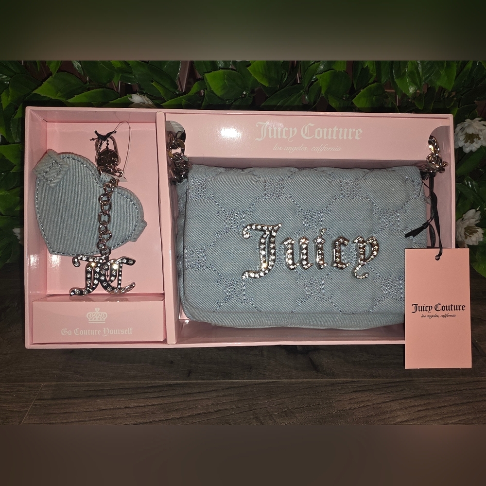 Juicy Couture Denim Quilted Bag with Bag Charm And Cute Mini Mirror